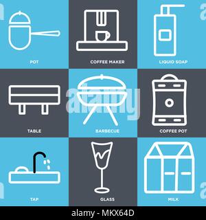 Satz von 9 einfache editierbare Symbole wie Milch, Glas, Tippen, Kaffeemaschine, Grill, Tisch, flüssige Seife, Teekocher, Topf, für mobile verwendet werden können, Web Stock Vektor