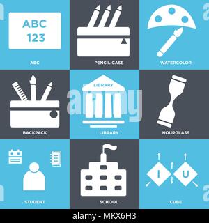Satz von 9 einfache editierbare Ikonen wie Würfel, Schule, Student, Sanduhr, Bibliothek, Rucksack, Aquarell, Bleistift, Abc, können für mobile, Web verwendet werden. Stock Vektor