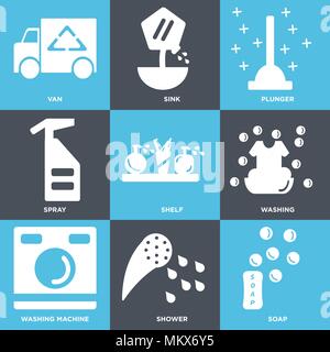 Satz von 9 einfache editierbare Ikonen wie Seife, Dusche, Waschmaschine, Waschen, Regal, Spray, Kolben, Spülbecken, Van, können für mobile, Web verwendet werden. Stock Vektor