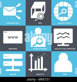 Satz von 9 einfache editierbare Ikonen wie Benutzer, Analytische, Server, Analytische auf Computer, Suche Person, Browser, Welt, Box, Mail, kann verwendet werden für Stock Vektor