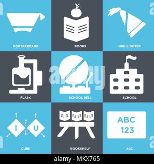 Satz von 9 einfache editierbare Ikonen wie Abc, Bücherregal, Cube, Schule, Schule Bell, Flasche, Textmarker, Bücher, Mortarboard, können für mobile, Web verwendet werden. Stock Vektor