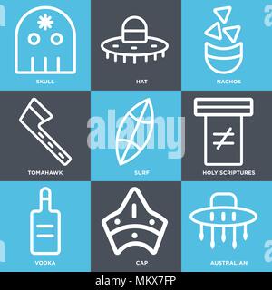 Satz von 9 einfache editierbare Ikonen wie Australische, Kappe, Wodka, Heilige Schrift, Surf, Tomahawk, Nachos, Hut, Schädel, können für mobile, Web verwendet werden. Stock Vektor