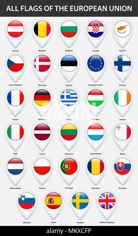 Alle Flaggen der Länder der Europäischen Union. Pin-Karte Zeiger glänzend Stil. Stock Vektor