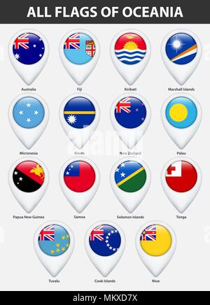 Alle Flaggen der Länder in Ozeanien. Pin-Karte Zeiger glänzend Stil. Stock Vektor