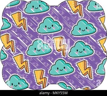 Dekorative Rahmen mit Blitz und kawaii Wolken Muster auf weißem Hintergrund, farbenfrohen Design. Vector Illustration Stock Vektor