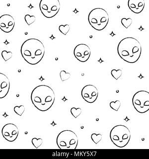 Hintergrund der Alien und Herzen Muster, Skizze Design. Vector Illustration Stock Vektor