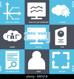 Satz von 9 einfache editierbare Ikonen wie Neu Laden, Benutzer, Dokument anzeigen, Datei, Server, Benutzer, Cloude, Analytische auf Computer, Pfeil, können für mobile verwendet werden, Stock Vektor