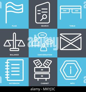 Satz von 9 einfache editierbare Ikonen wie Info, Kabinett, Notebook, Gespräch, Balance, Tabelle, Suchen, Flagge, können für mobile, Web verwendet werden. Stock Vektor