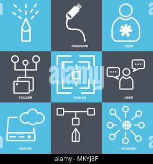 Satz von 9 einfache editierbare Ikonen wie Internet-, Server-, Benutzer-, Web de, Ordner, Pendrive,, kann für mobile, Web verwendet werden. Stock Vektor