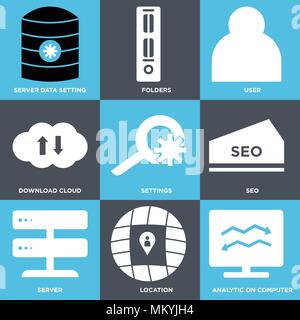 Satz von 9 einfache editierbare Ikonen wie Analytische auf Computer, Standort, Server, seo, Einstellungen, Download Cloud, Benutzer, Ordner, Server Daten einstellen, können Stock Vektor
