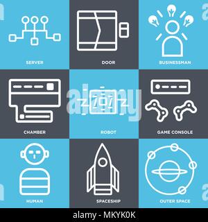 Satz von 9 einfache editierbare Ikonen wie Weltraum, Raumschiff, Menschliche, Spielkonsole, Roboter, Kammer, Geschäftsmann, Tür, Server, für mobile verwendet werden, Stock Vektor