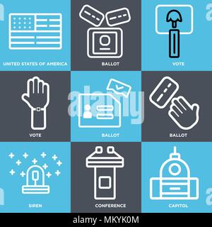 Satz von 9 einfache editierbare Ikonen wie Capitol, Konferenz, Sirene, Stimmzettel, Stimmabgabe, Vereinigte Staaten von Amerika, können für mobile, Web verwendet werden. Stock Vektor