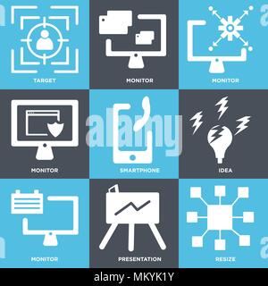Satz von 9 einfache editierbare Ikonen wie Größe, Präsentation, Monitor, Idee, Smartphone, Target, können für mobile, Web verwendet werden. Stock Vektor