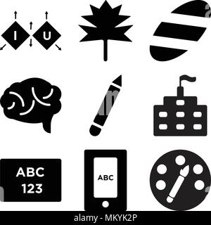 Satz von 9 einfache editierbare Ikonen wie Farbpalette, Tablet, Abc, Schule, Stift, Gehirn, American Football, Herbst, Cube, können für mobile, Web verwendet werden. Stock Vektor