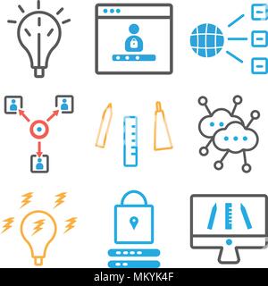 Satz von 9 einfache editierbare Ikonen wie Monitor, Passwort, Idee, Netzwerk, Kreativität, Team, Browser, können für mobile, Web verwendet werden. Stock Vektor