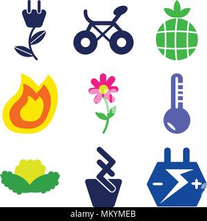 Satz von 9 einfache editierbare Ikonen wie großes Auto, Batterie, ökologische Glühbirne, Kohl, niedrige Temperaturen, zwei Blüten in einen Topf, Feuer Flamme, Erde mit Stock Vektor