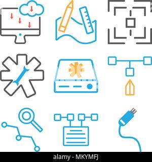 Satz von 9 einfache editierbare Ikonen wie Pendrive, Datei, Loupe, Festplatte, Einstellungen, Web de, grafisches Werkzeug, Laptop, für mobile verwendet werden können, Web Stock Vektor