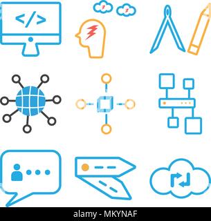 Satz von 9 einfache editierbare Symbole wie Cloud Computing, Pantone, Chat, hierarchische Struktur, Cube, Internet, Kompass, Brainstorming, überwachen können. Stock Vektor