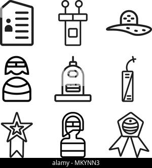 Satz von 9 einfache editierbare Ikonen wie Abzeichen, Feuerwehrmann, Medaille, Feuerwerk, Capitol, Priester, Hut, Konferenz, Stimmzettel, kann für mobile, Web verwendet werden. Stock Vektor
