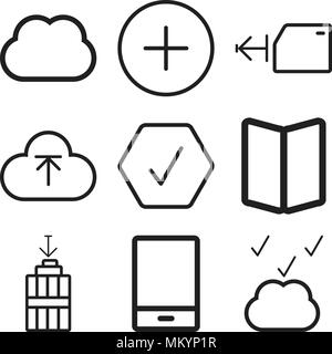 Satz von 9 einfache editierbare Symbole wie Cloud Computing, Telefon, Garbage, Karte, überprüft, Hochladen, Ordner, Plus, Computing, können für mobile, Web verwendet werden. Stock Vektor
