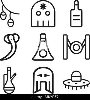 Satz von 9 einfache editierbare Ikonen wie Hut, Helm, Kaffee, Gong, Balalaika, Schlange, Wodka, Schädel, Oliven, können für mobile, Web verwendet werden. Stock Vektor