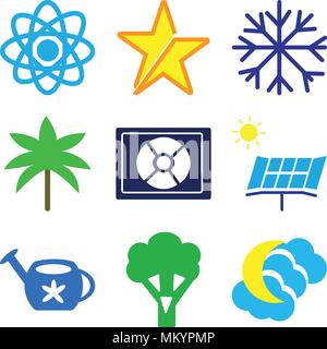 Satz von 9 einfache editierbare Ikonen wie Nachthimmel, Brokkoli, Gießkanne mit Blumen, Solar Batterie, Strahlung, Zylinder, zwei Palmen, Schnee, Sterne, Ato Stock Vektor