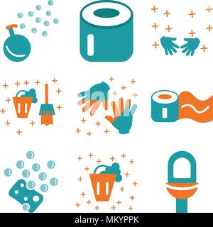 Satz von 9 einfache editierbare Ikonen wie Wc, Schaufel, Schwamm, WC-Papier, Handschuhe, Hände, Seife, kann für mobile, Web verwendet werden. Stock Vektor