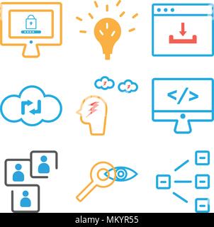 Satz von 9 einfache editierbare Ikonen wie hierarchische Struktur, Suche, Networking, Monitor, Brainstorming, Cloud Computing, Browser, Idee, Passwort, c Stock Vektor
