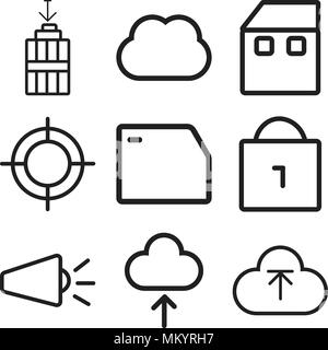 Satz von 9 einfache editierbare Ikonen wie Hochladen, Cloud, Lautstärke, gesperrt, Ordner, Web, Home, Computing, Müll, kann für mobile, Web verwendet werden. Stock Vektor
