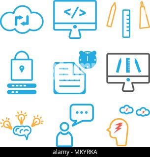 Satz von 9 einfache editierbare Symbole wie Brainstorming, Benutzer, Idee, Monitor, Datei, Passwort, Kreativität, Cloud Computing, können für mobile, Web verwendet werden. Stock Vektor