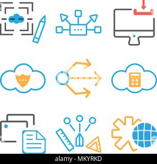 Satz von 9 einfache editierbare Symbole wie Einstellung, Zwischenablage, Rechner, USB, Schild, Laptop, Netzwerk, Grafik de, für mobile verwendet werden können, Web Stock Vektor