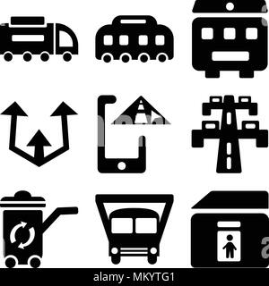 Satz von 9 einfache editierbare Ikonen wie Wc, School Bus, Papierkorb, Autobahn, GPS, Drehen, Recycling Bus, Kehrmaschine, können für mobile, Web verwendet werden. Stock Vektor