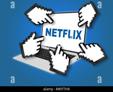 3D-Darstellung von NETFLIX script mit zeigende Hand Symbole am Bildschirm, der von allen Seiten Stockfoto
