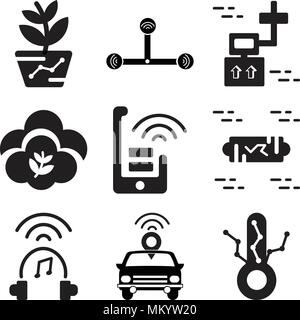 Satz von 9 einfache editierbare Ikonen wie Thermometer, autonomen Auto, Headset, VR-Technologie, NFC, Zero Emission, Drone, Gartenarbeit, kann für Mobi verwendet werden. Stock Vektor
