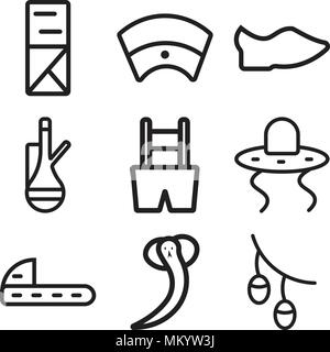 Satz von 9 einfache editierbare Symbole wie Oliven, Schlange, Schuhe, Cowboy, Hosen, Kaffee, verstopfen, ägyptischen, Kimono, können für mobile, Web verwendet werden. Stock Vektor