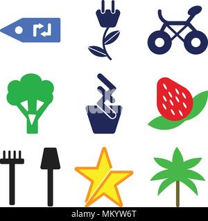 Satz von 9 einfache editierbare Ikonen wie zwei Palmen, Stern, Gartengeräte, Erdbeere, ökologische Glühbirne, Brokkoli, Fahrrad nach Rechts, Elektrische Stock Vektor