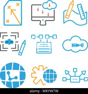 Satz von 9 einfache editierbare Ikonen wie Netzwerk, Einstellung, Internet, Pendrive, Datei, Grafik de, Werkzeug, Laptop, Strategie, für mobile verwendet werden können, Web Stock Vektor