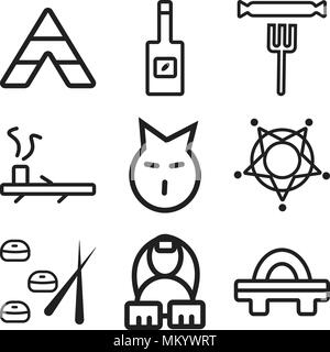 Satz von 9 einfache editierbare Ikonen wie Geta, ägyptischen, Sushi, Sheriff, Cat, Rohr, Wurst, Olivenöl, Tipi, können für mobile, Web verwendet werden. Stock Vektor