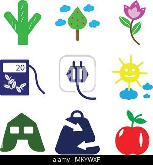 Satz von 9 einfache editierbare Ikonen wie Apple mit Blatt, ökologische Einkaufstasche, großes Zelt, Sun lächelnd, Netzstecker, ökologischen Brennstoff, Blume zwei Bäume Stock Vektor