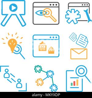 Satz von 9 einfache editierbare Ikonen wie Datei, Einstellungen, Benutzer, E-Mail, Browser, Lupe, Präsentation, können für mobile, Web verwendet werden. Stock Vektor