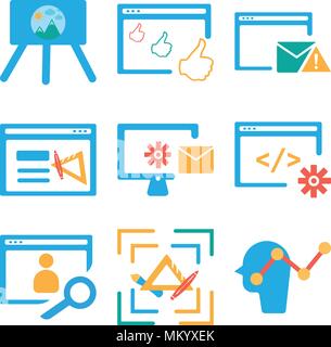 Satz von 9 einfache editierbare Ikonen wie Benutzer, Schulmaterial, Browser, Laptop, Präsentation, können für mobile, Web verwendet werden. Stock Vektor