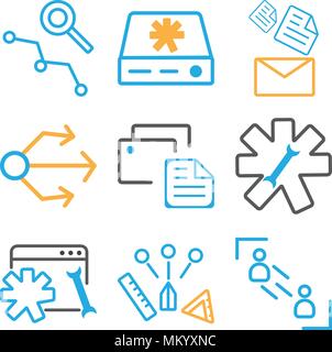 Satz von 9 einfache editierbare Symbole, z. B. Benutzer, Browser, Einstellungen, Zwischenablage, USB, E-Mails, Festplatte, Loupe, können für mobile, Web verwendet werden. Stock Vektor