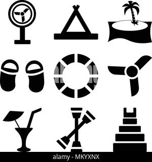 Satz von 9 einfache editierbare Ikonen wie Teotihuacan, zwei Sculls, Limonade mit Drop, Große Propeller, Leben Float Square, Flip Flop, Palme, Zelt, Alt Stock Vektor