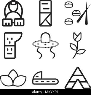 Satz von 9 einfache editierbare Ikonen wie Tipi, Schuhe, Lotus, Tulip, Cowboy, Totem, Sushi, Kimono, ägyptischen, können für mobile, Web verwendet werden. Stock Vektor