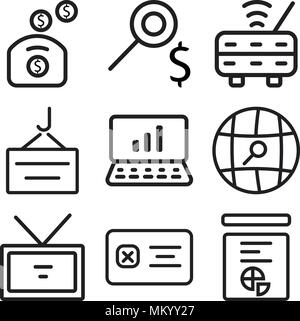 Satz von 9 einfache editierbare Symbole wie Statistiken, Liste, ID-Karte, Suche, Bericht, Container, Router, Sparschwein, können für mobile, Web verwendet werden. Stock Vektor