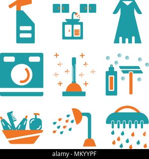 Satz von 9 einfache editierbare Ikonen wie Pinsel, Dusche, Regal, Rasieren, Kolben, Waschmaschine, Bademantel, Küche, Spray, kann für mobile, Web verwendet werden. Stock Vektor