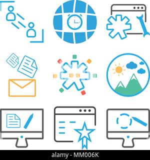 Satz von 9 einfache editierbare Ikonen wie Grafik Tablett, Browser, Monitor, Bild, Einstellungen, E-Mail, Internet, Nutzer, können für mobile, Web verwendet werden. Stock Vektor