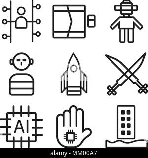Satz von 9 einfache editierbare Symbole, wie Überschwemmung, CPU, Sicherheit, Raumschiff, Menschliche, Android, Tür, Benutzer, können für mobile, Web verwendet werden. Stock Vektor