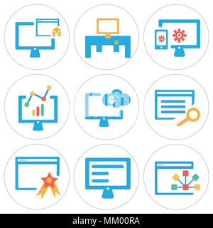 Satz von 9 einfache editierbare Ikonen wie Browser, Laptop, Computer, Analytik, Desktop, Home, können für mobile, Web verwendet werden. Stock Vektor