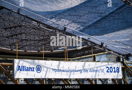 09 Mai 2018, Deutschland, München: ein Schild mit der Aufschrift "Hauptversammlung der Allianz SE 2018' gesehen werden kann vor der Hauptversammlung der Gesellschaft in der Olympiahalle beginnen. Foto: Sven Hoppe/dpa Stockfoto